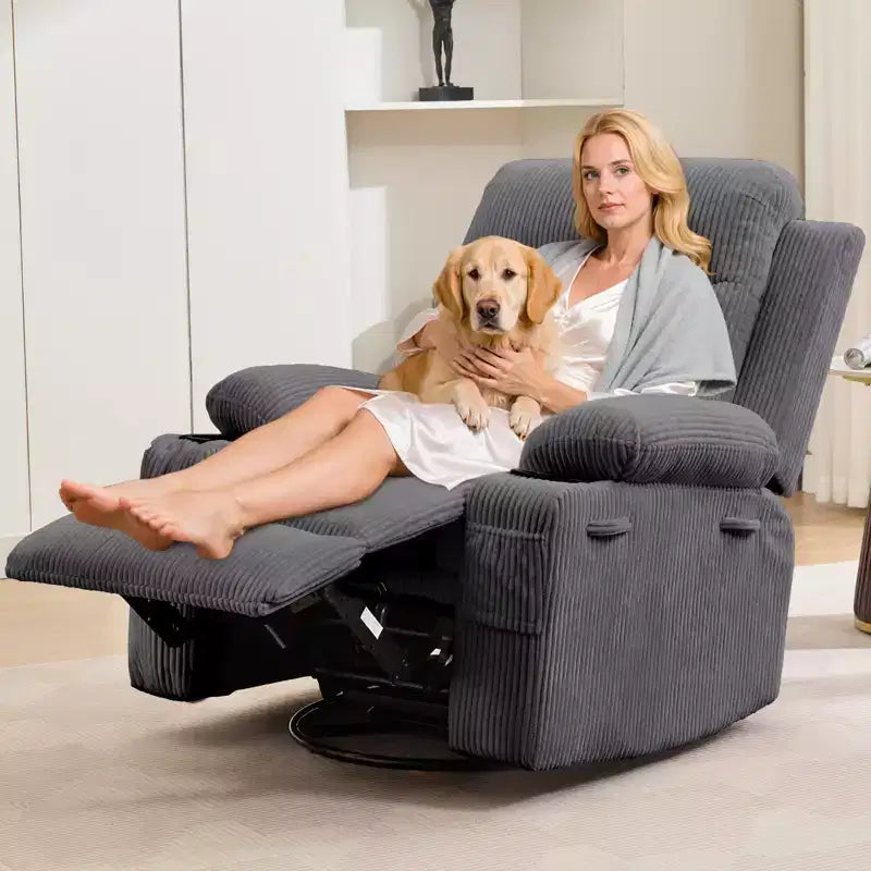 Reclinable balancín giratorio 360° de gran tamaño con masaje y calor - Sillón ergonómico con portavasos y bolsillos laterales para sala de estar, cuarto de bebé