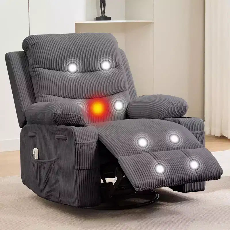 Reclinable balancín giratorio 360° de gran tamaño con masaje y calor - Sillón ergonómico con portavasos y bolsillos laterales para sala de estar, cuarto de bebé