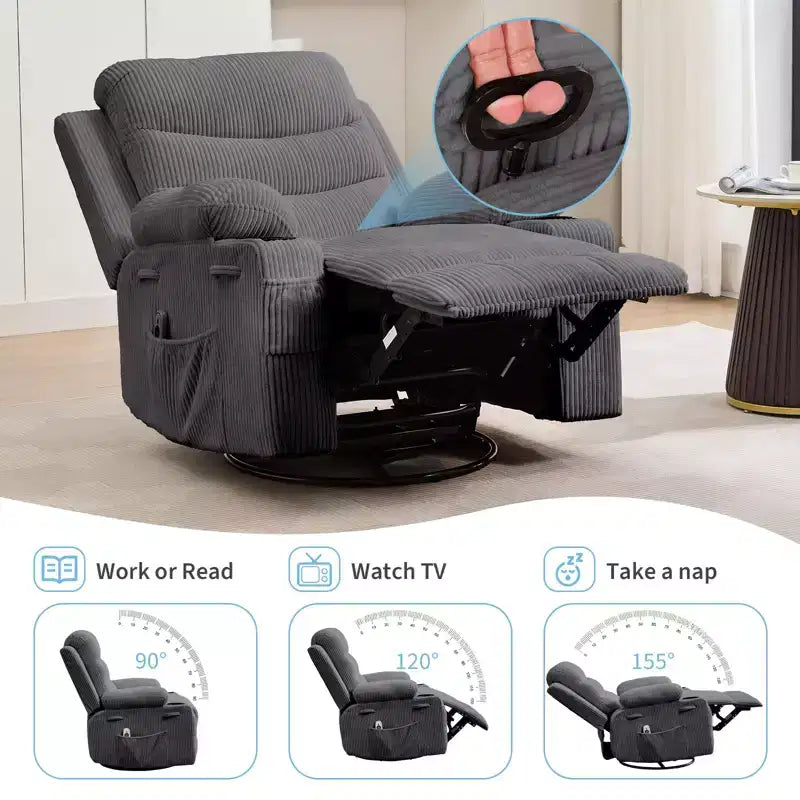Reclinable balancín giratorio 360° de gran tamaño con masaje y calor - Sillón ergonómico con portavasos y bolsillos laterales para sala de estar, cuarto de bebé