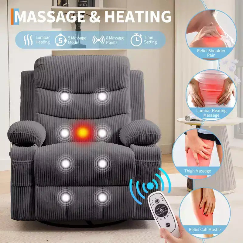 Reclinable balancín giratorio 360° de gran tamaño con masaje y calor - Sillón ergonómico con portavasos y bolsillos laterales para sala de estar, cuarto de bebé
