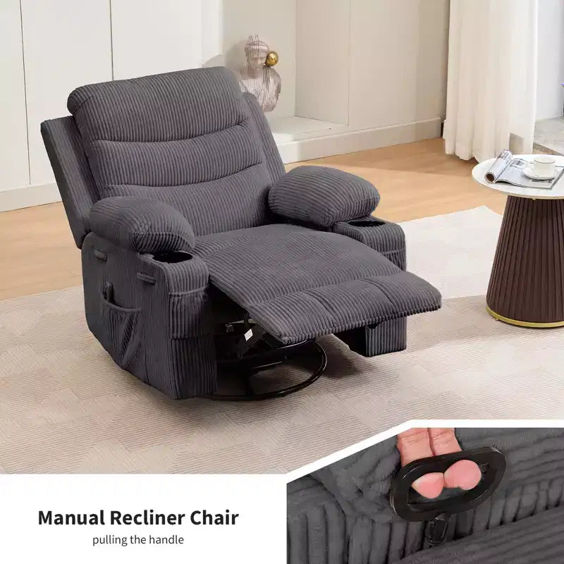 Reclinable balancín giratorio 360° de gran tamaño con masaje y calor - Sillón ergonómico con portavasos y bolsillos laterales para sala de estar, cuarto de bebé