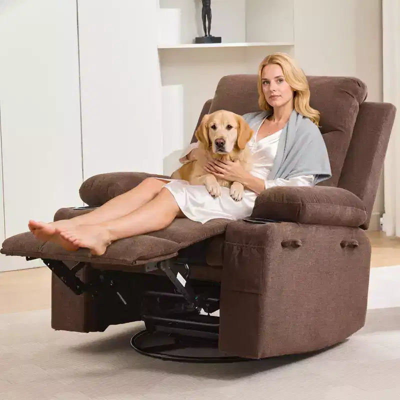 Reclinable balancín giratorio 360° de gran tamaño con masaje y calor - Sillón ergonómico con portavasos y bolsillos laterales para sala de estar, cuarto de bebé