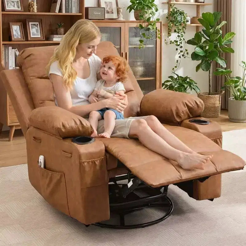 Reclinable balancín giratorio 360° de gran tamaño con masaje y calor - Sillón ergonómico con portavasos y bolsillos laterales para sala de estar, cuarto de bebé