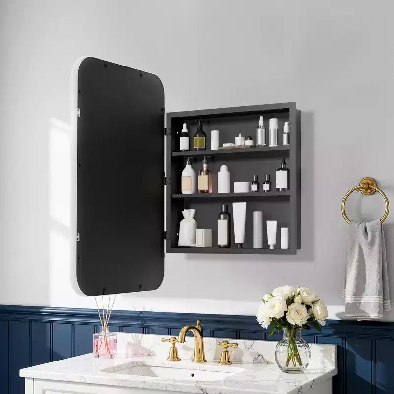Gabinete para Medicinas de 19.5 x 29.64 Pulgadas, con Espejo y Marco de Hierro Forjado Blanco Rectangular Redondeado, Gabinete con Espejo Montado en la Pared para Baño