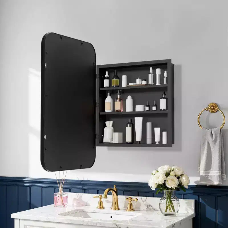 Gabinete para Medicinas de 19.5 x 29.64 Pulgadas, con Espejo y Marco de Hierro Forjado Blanco Rectangular Redondeado, Gabinete con Espejo Montado en la Pared para Baño