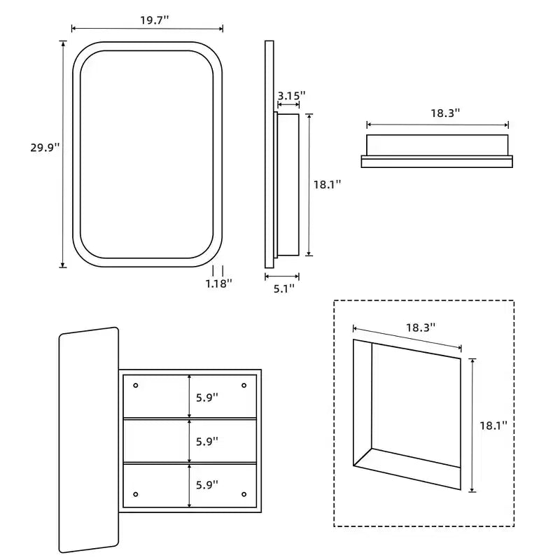 Gabinete para Medicinas de 19.5 x 29.64 Pulgadas, con Espejo y Marco de Hierro Forjado Blanco Rectangular Redondeado, Gabinete con Espejo Montado en la Pared para Baño