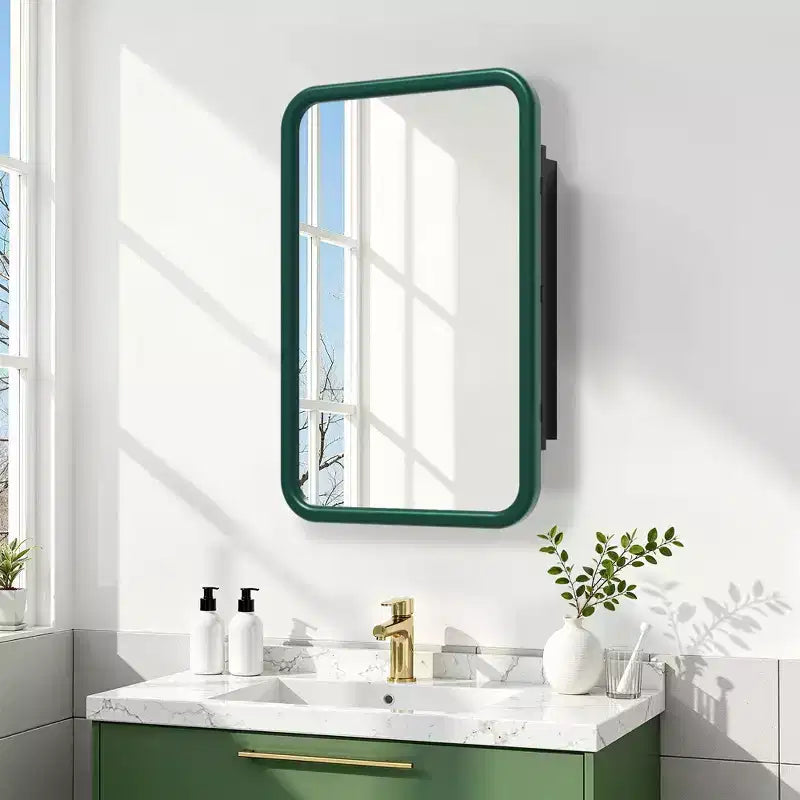 Gabinete para Medicinas de 19.5 x 29.64 Pulgadas, con Espejo y Marco de Hierro Forjado Blanco Rectangular Redondeado, Gabinete con Espejo Montado en la Pared para Baño