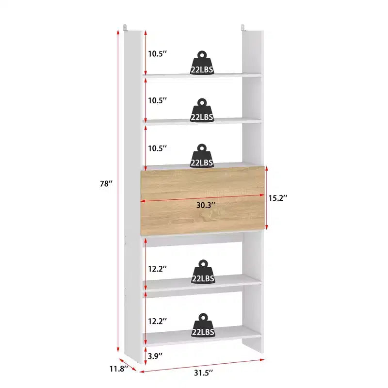 Estantería y expositor de pared con escritorio abatible oculto e iluminación LED, blanco
