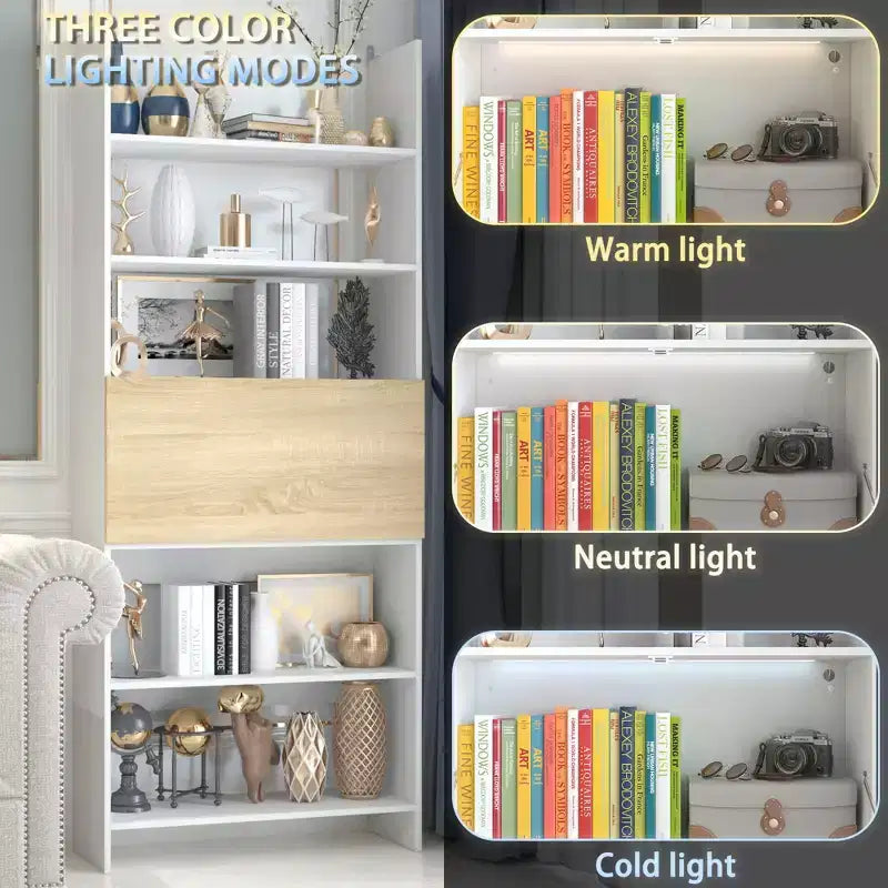 Estantería y expositor de pared con escritorio abatible oculto e iluminación LED, blanco