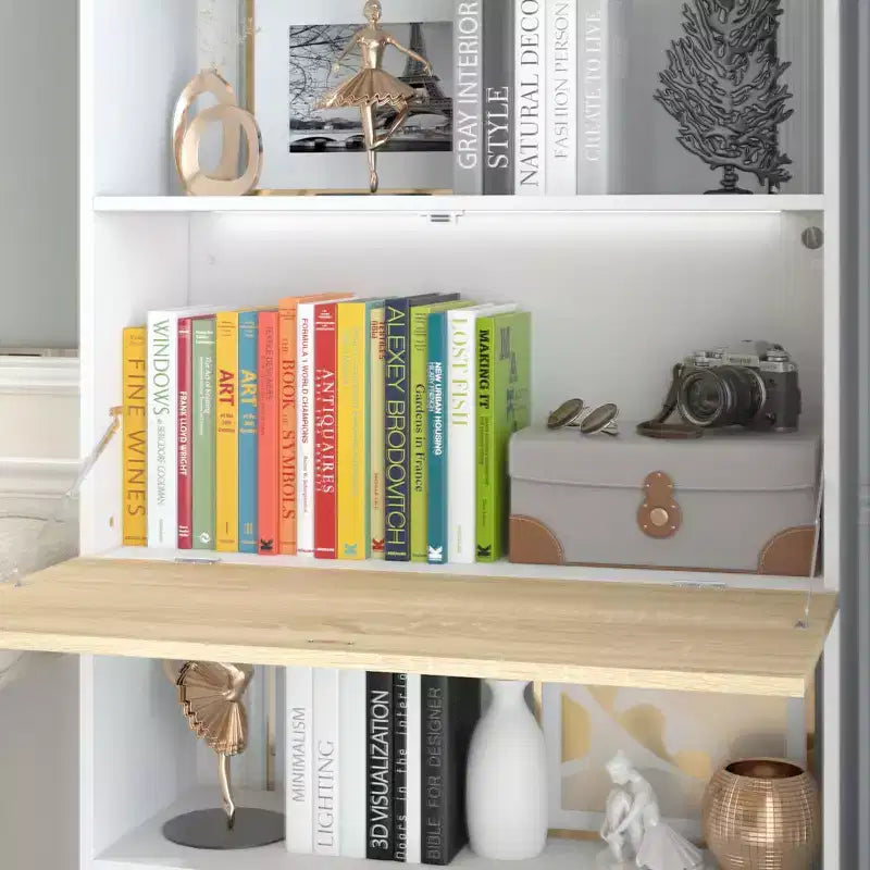 Estantería y expositor de pared con escritorio abatible oculto e iluminación LED, blanco