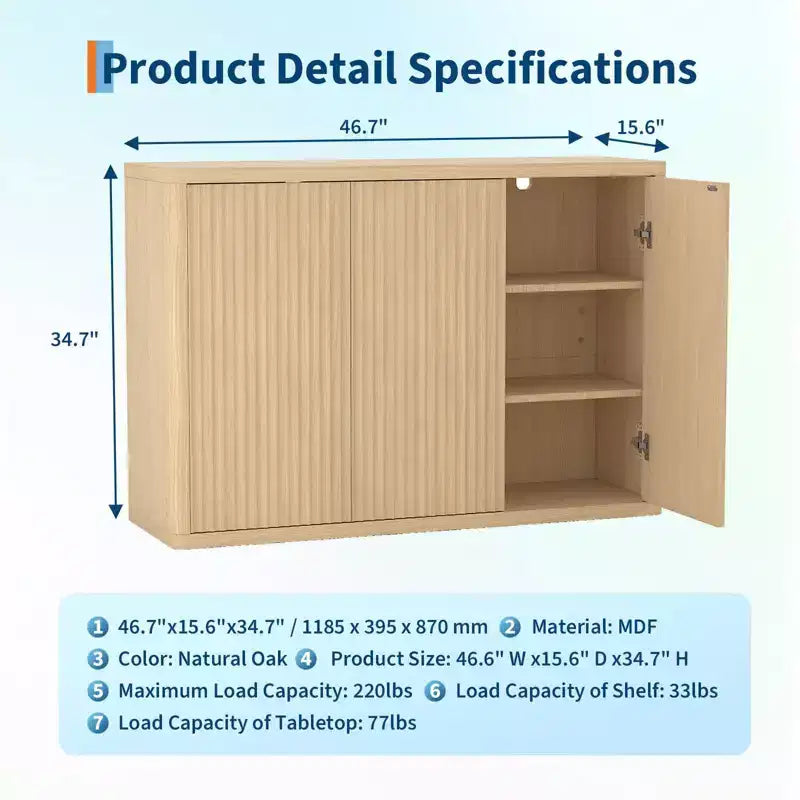 Aparador tipo bufé de roble estriado de 46.7 pulgadas, gabinete de almacenamiento de madera moderno con 3 puertas y estantes ajustables, diseño moderno de mediados de siglo