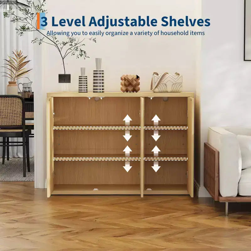 Aparador tipo bufé de roble estriado de 46.7 pulgadas, gabinete de almacenamiento de madera moderno con 3 puertas y estantes ajustables, diseño moderno de mediados de siglo
