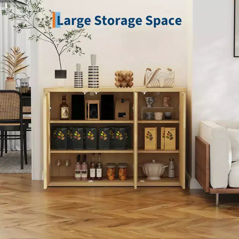 Aparador tipo bufé de roble estriado de 46.7 pulgadas, gabinete de almacenamiento de madera moderno con 3 puertas y estantes ajustables, diseño moderno de mediados de siglo