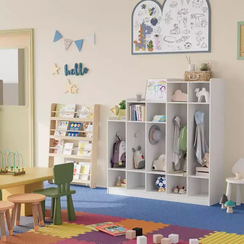Taquilla para abrigos de 5 secciones para aula con 9 compartimentos, organizador de almacenamiento de compartimentos para guardería con 10 ganchos para el hogar, escuela, guardería, jardín de infancia