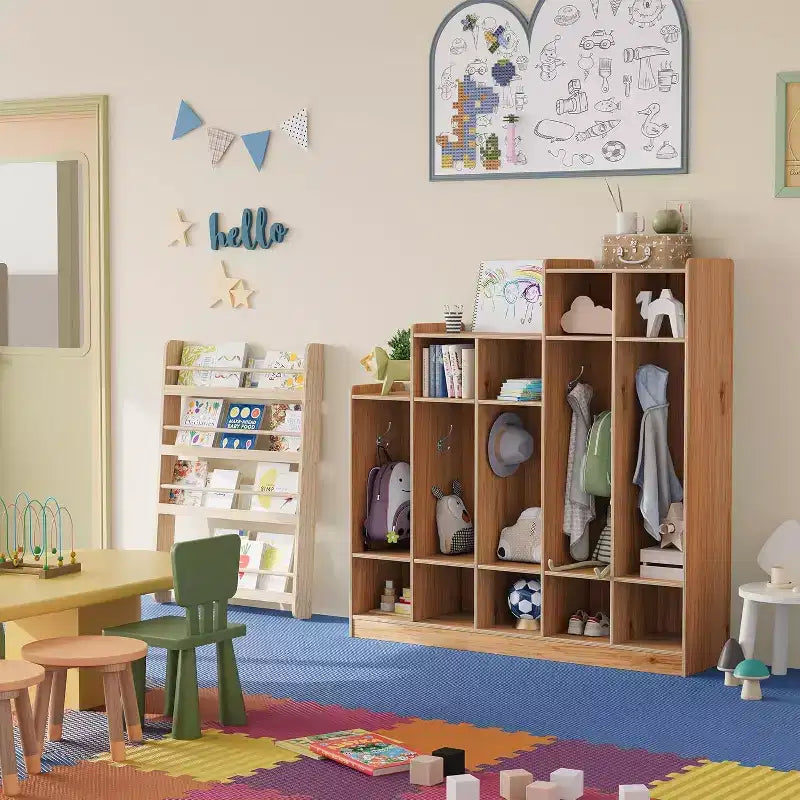 Taquilla para abrigos de 5 secciones para aula con 9 compartimentos, organizador de almacenamiento de compartimentos para guardería con 10 ganchos para el hogar, escuela, guardería, jardín de infancia