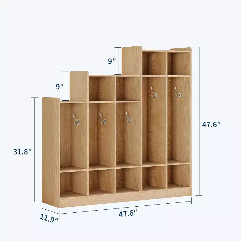 Taquilla para abrigos de 5 secciones para aula con 9 compartimentos, organizador de almacenamiento de compartimentos para guardería con 10 ganchos para el hogar, escuela, guardería, jardín de infancia