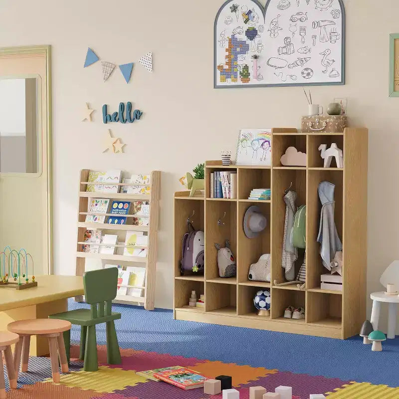 Taquilla para abrigos de 5 secciones para aula con 9 compartimentos, organizador de almacenamiento de compartimentos para guardería con 10 ganchos para el hogar, escuela, guardería, jardín de infancia