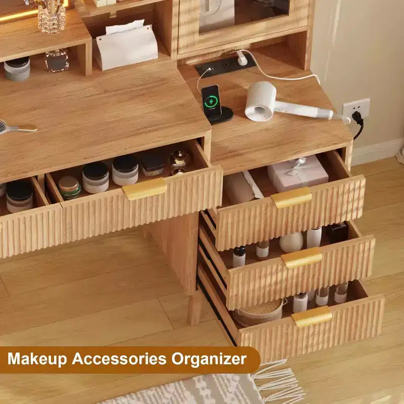 Tocador de maquillaje moderno con espejo de 24 pulgadas y 5 cajones, tocador acanalado con estante de almacenamiento para mujeres y niñas