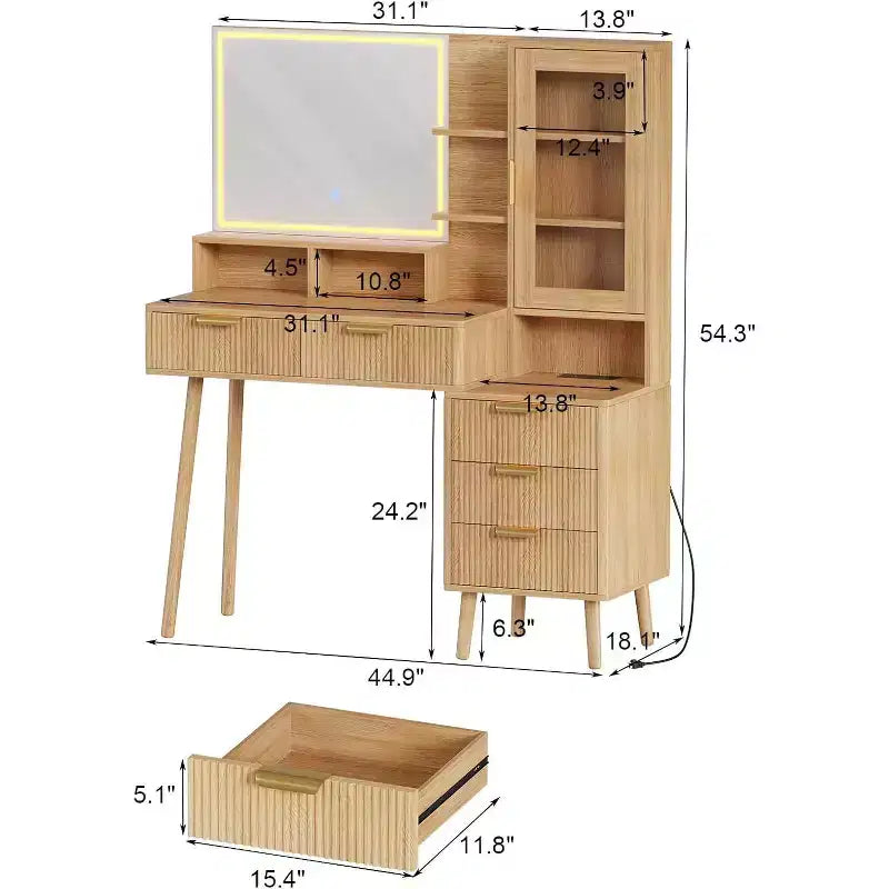 Tocador de maquillaje moderno con espejo de 24 pulgadas y 5 cajones, tocador acanalado con estante de almacenamiento para mujeres y niñas