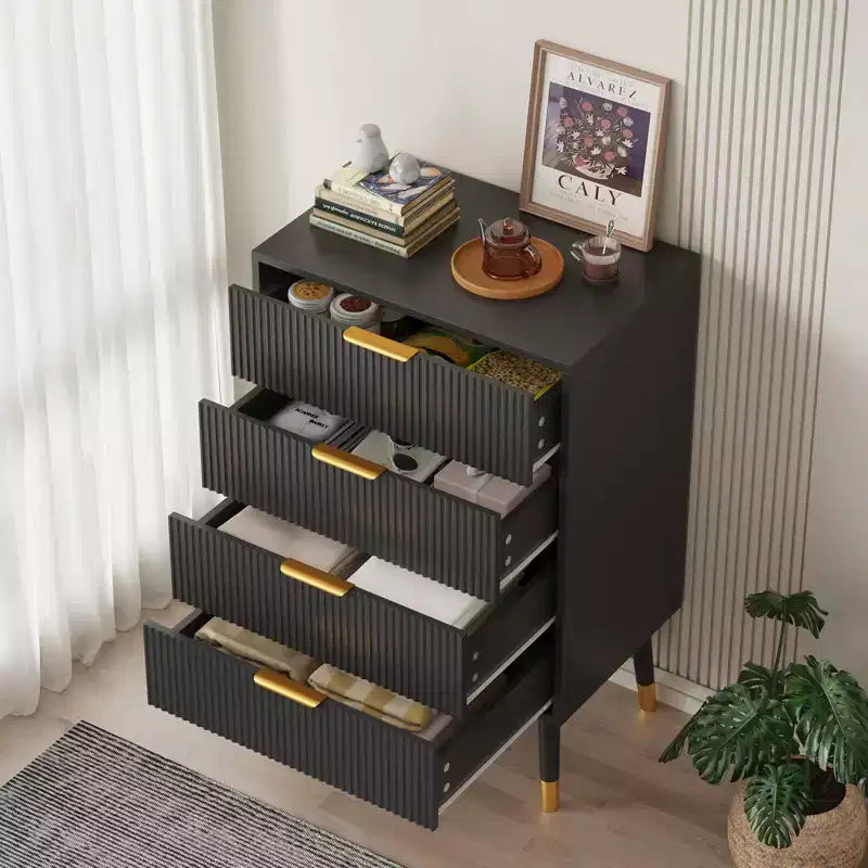 Cómoda para dormitorio, cómoda de almacenamiento moderna acanalada de 4 cajones, mesita de noche organizadora de armario pequeña