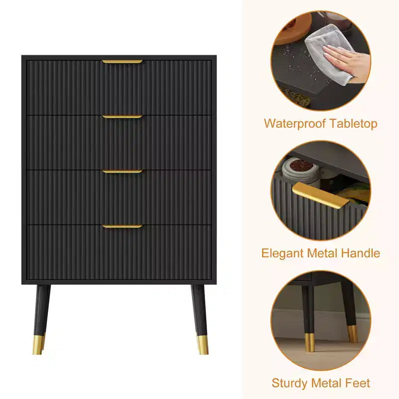 Cómoda para dormitorio, cómoda de almacenamiento moderna acanalada de 4 cajones, mesita de noche organizadora de armario pequeña