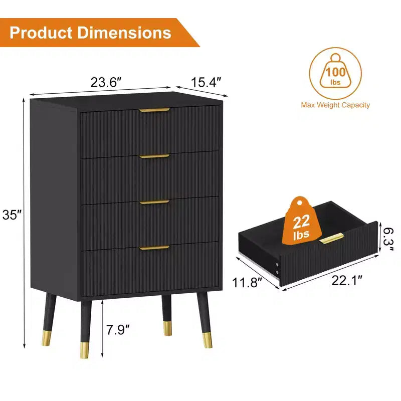 Cómoda para dormitorio, cómoda de almacenamiento moderna acanalada de 4 cajones, mesita de noche organizadora de armario pequeña