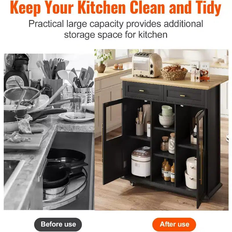 Isla de cocina, isla de cocina moderna móvil con ruedas y hoja abatible, carrito de almacenamiento negro con gabinete y cajón
