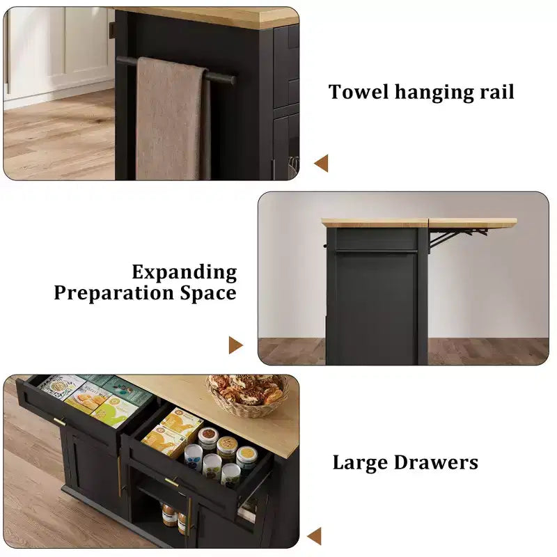 Isla de cocina, isla de cocina moderna móvil con ruedas y hoja abatible, carrito de almacenamiento negro con gabinete y cajón