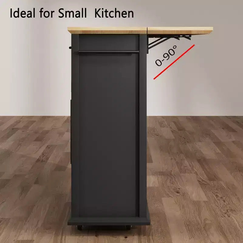 Isla de cocina, isla de cocina moderna móvil con ruedas y hoja abatible, carrito de almacenamiento negro con gabinete y cajón