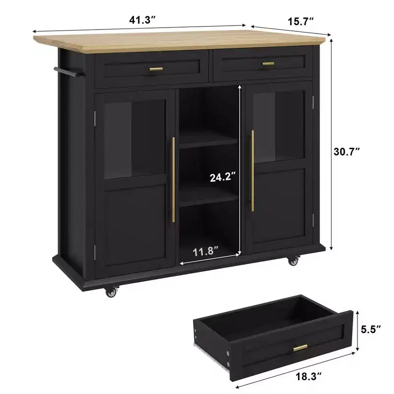 Isla de cocina, isla de cocina moderna móvil con ruedas y hoja abatible, carrito de almacenamiento negro con gabinete y cajón