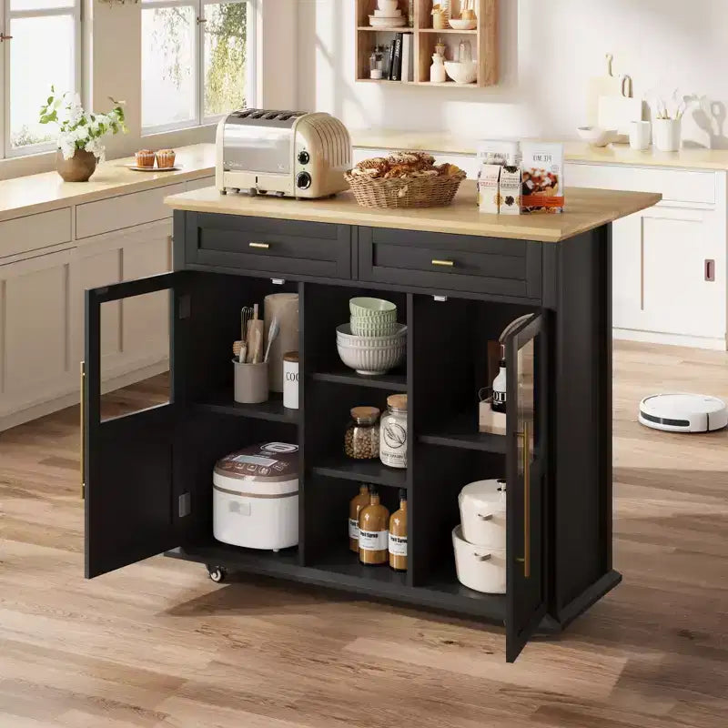 Isla de cocina, isla de cocina moderna móvil con ruedas y hoja abatible, carrito de almacenamiento negro con gabinete y cajón