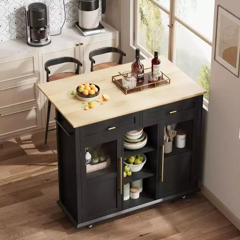 Isla de cocina, isla de cocina moderna móvil con ruedas y hoja abatible, carrito de almacenamiento negro con gabinete y cajón