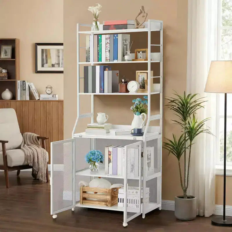 Escritorio-estantería 2 en 1, escritorio para computadora con estructura metálica y tablero de partículas con estantes de almacenamiento, mesa de estudio para oficina en casa que ahorra espacio, escritorio resistente para escribir
