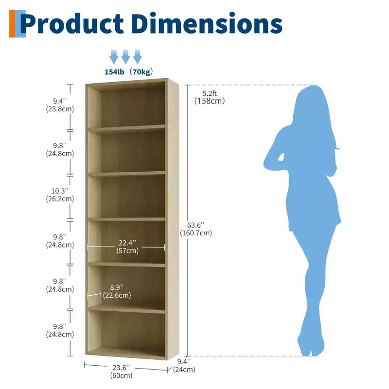 Estantería industrial de 6 baldas, librería de madera rústica de 161,5 cm de altura con capacidad de 113 kg, estantes de almacenamiento para exhibición de pie para oficina en casa
