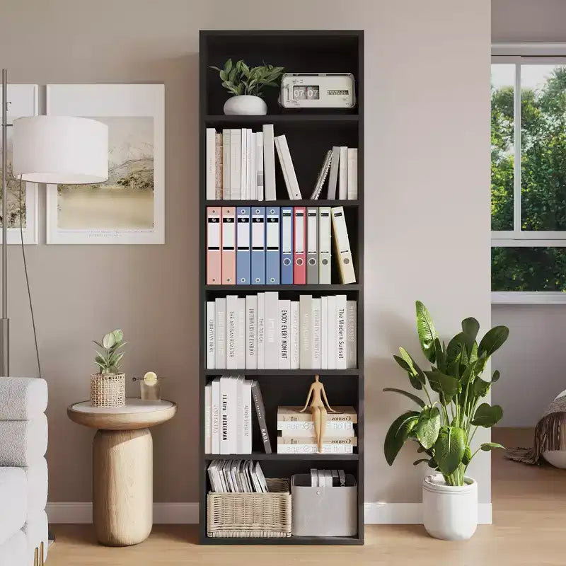 Estantería industrial de 6 baldas, librería de madera rústica de 161,5 cm de altura con capacidad de 113 kg, estantes de almacenamiento para exhibición de pie para oficina en casa