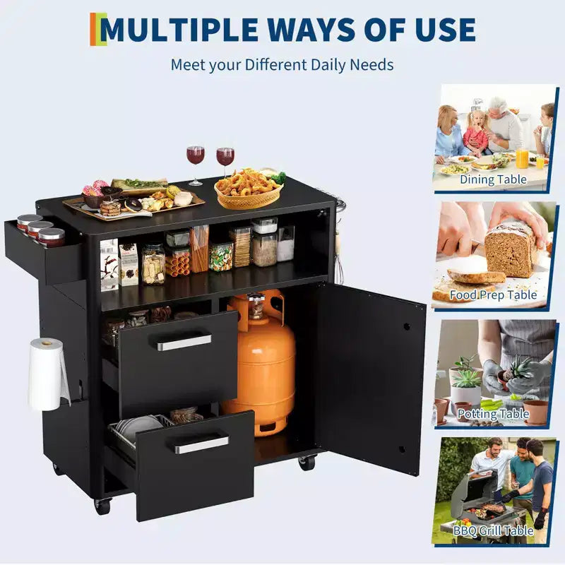 Mesa de parrilla, carrito de bar exterior Carrito de parrilla con gabinete de almacenamiento, carrito de cocina multifunción Mesa de preparación de alimentos con superficie de acero inoxidable