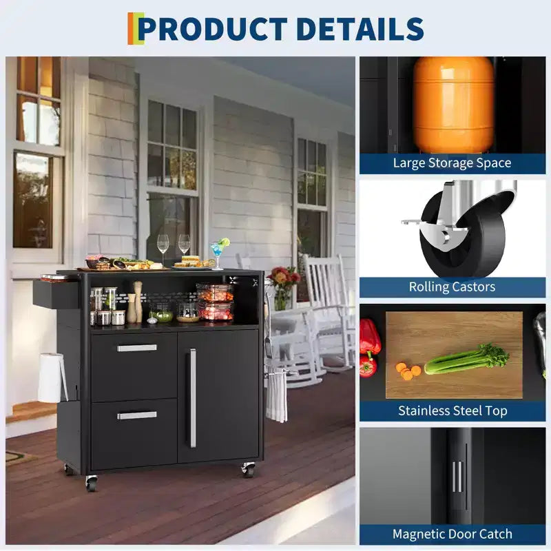 Mesa de parrilla, carrito de bar exterior Carrito de parrilla con gabinete de almacenamiento, carrito de cocina multifunción Mesa de preparación de alimentos con superficie de acero inoxidable