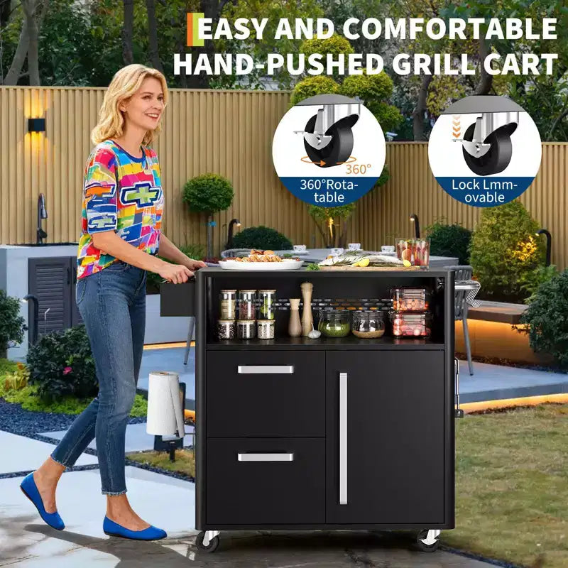 Mesa de parrilla, carrito de bar exterior Carrito de parrilla con gabinete de almacenamiento, carrito de cocina multifunción Mesa de preparación de alimentos con superficie de acero inoxidable