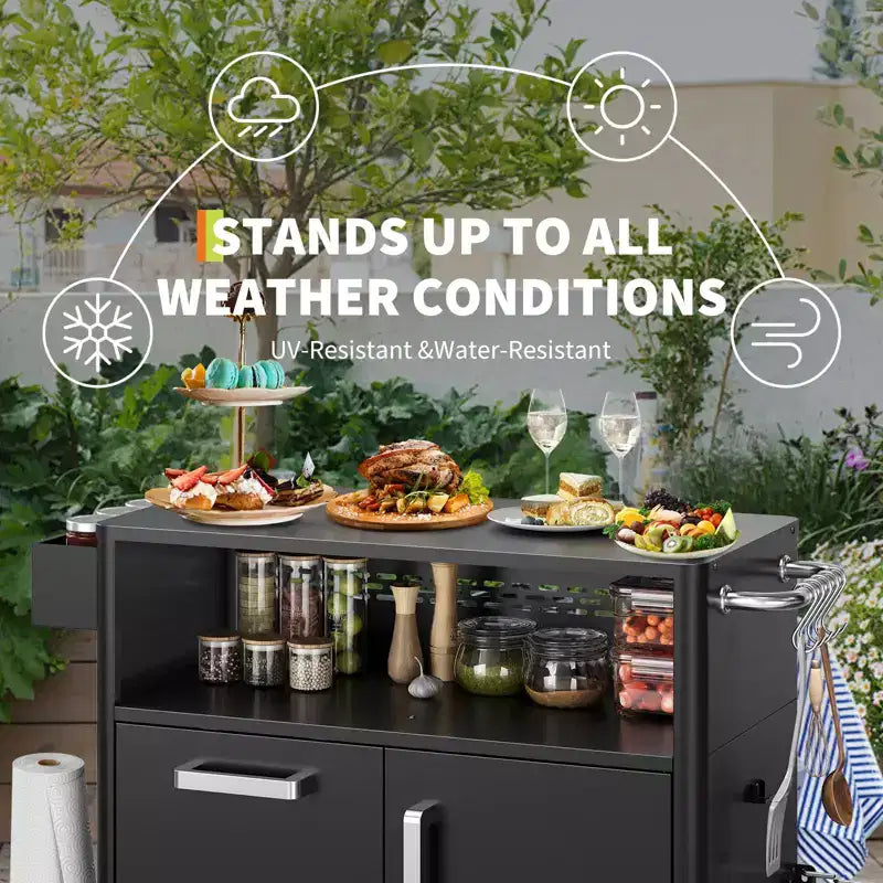 Mesa de parrilla, carrito de bar exterior Carrito de parrilla con gabinete de almacenamiento, carrito de cocina multifunción Mesa de preparación de alimentos con superficie de acero inoxidable